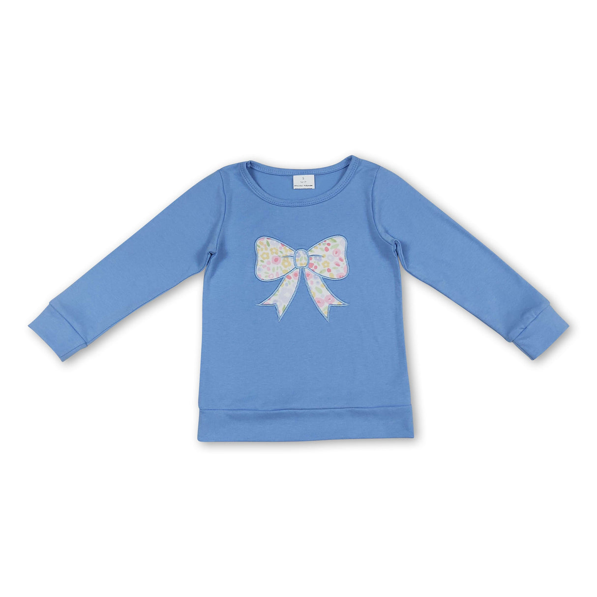 Light blue long sleeves floral bow embroidery girls shirt
