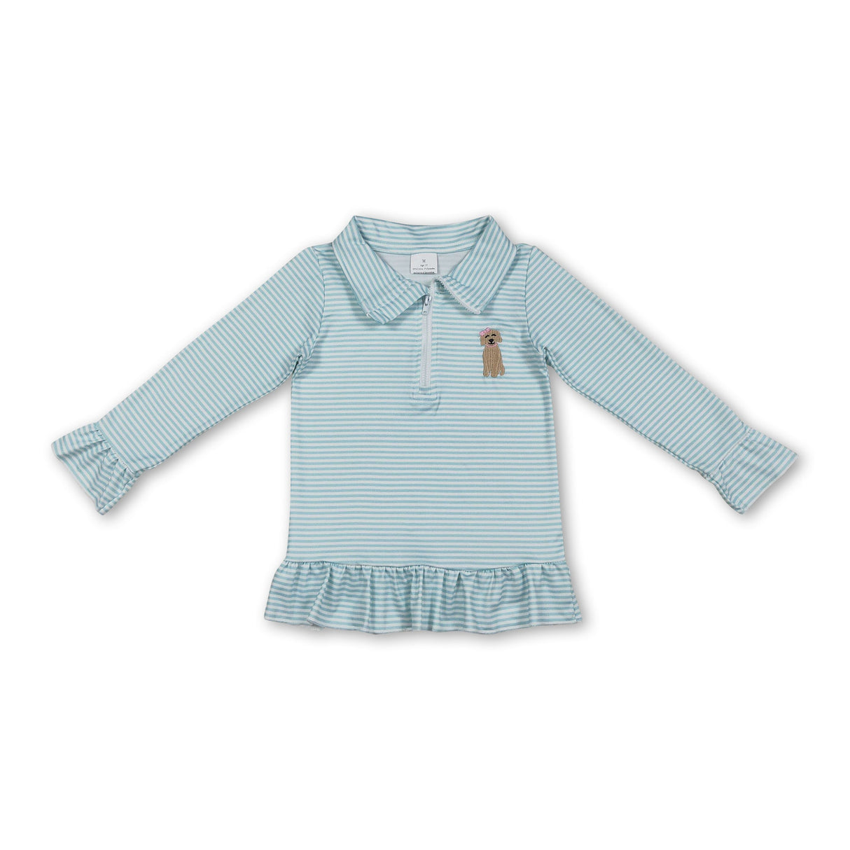 Long sleeves stripe dog embroidery ruffle girls zipper pullover