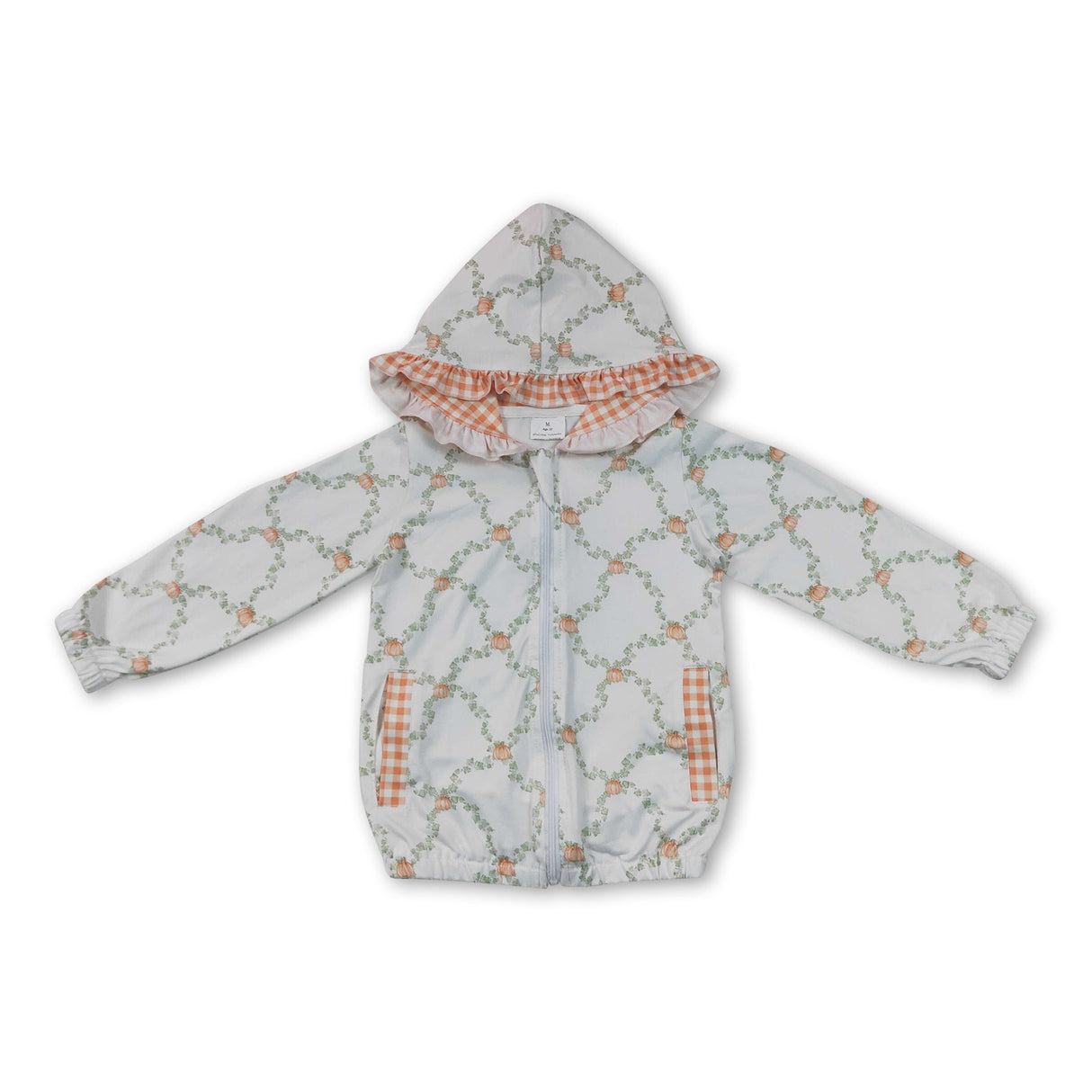 Pumpkin plaid pocket ruffle zipper girls fall hooded jacket