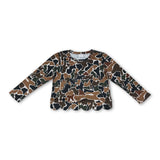 Long sleeves brown camo scallop kids girls top