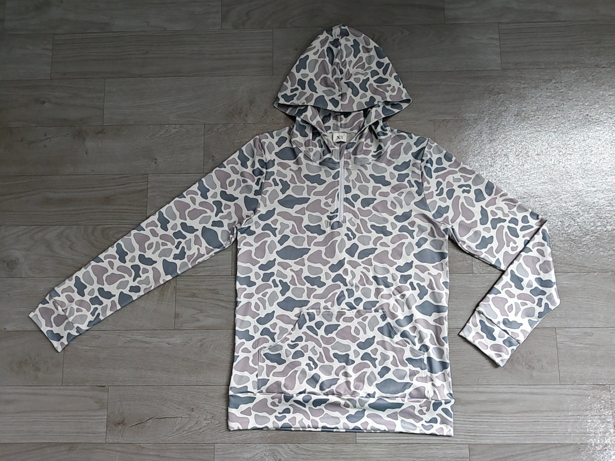 Long sleeves grey camo pocket adult women zipper hoodie