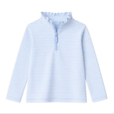 Long sleeves light blue stripe ruffle zipper girls pullover
