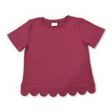 Short sleeves rose red cotton scallop kids girls top