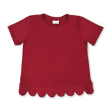 Short sleeves dark red cotton scallop kids girls top