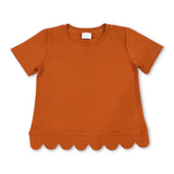 Short sleeves brown cotton scallop kids girls top