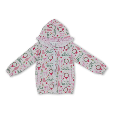 Merry Christmas pink bow kids girls hooded jacket