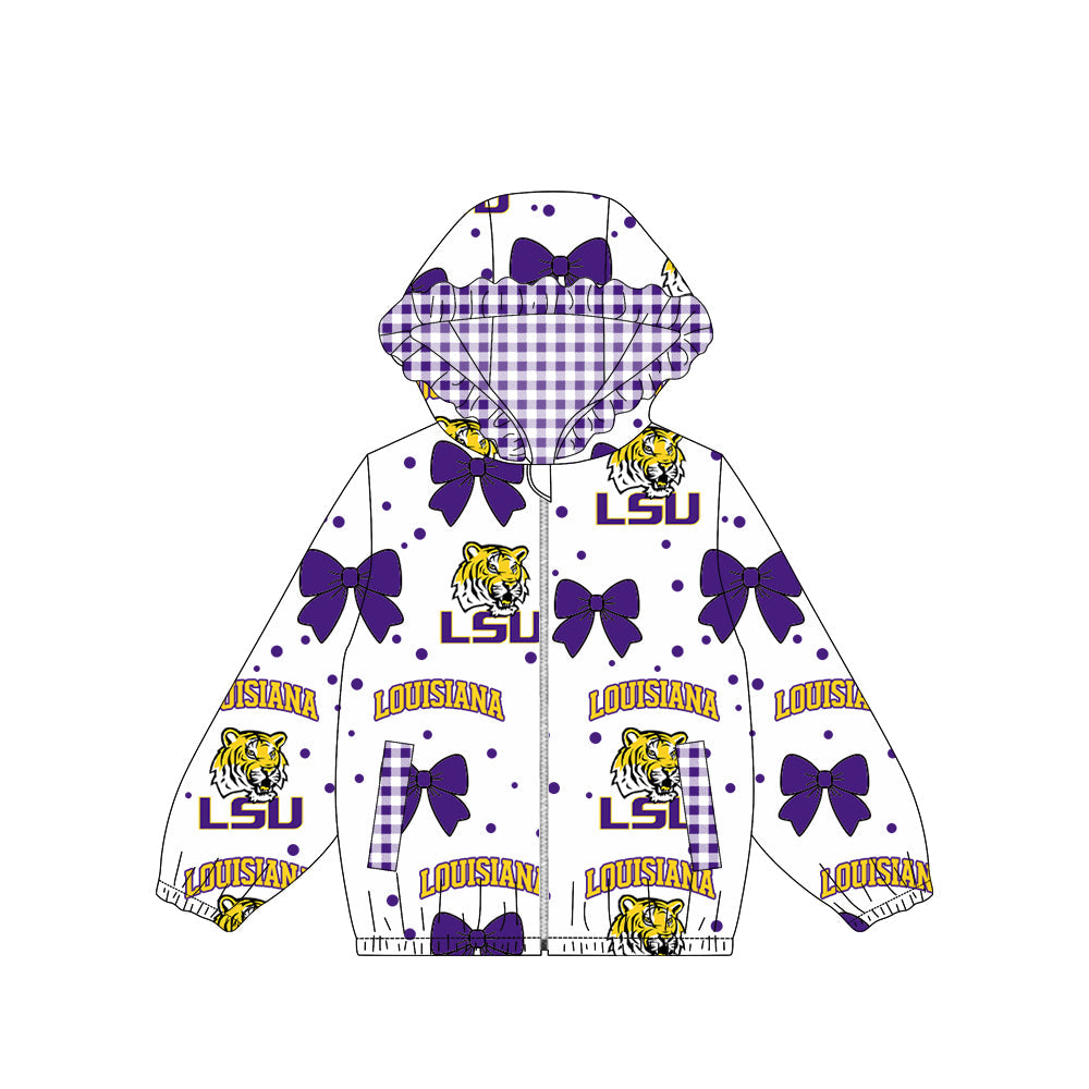 Long sleeves tiger purple bow plaid kids girls team jacket