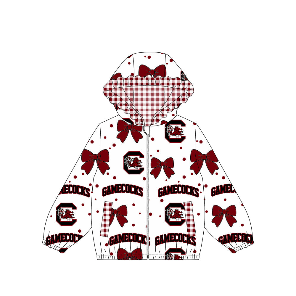 Long sleeves C maroon bow plaid kids girls team jacket