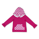 Ruffle long sleeves hot pink plaid pocket girls hoodie