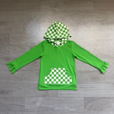 Ruffle long sleeves green plaid pocket girls hoodie