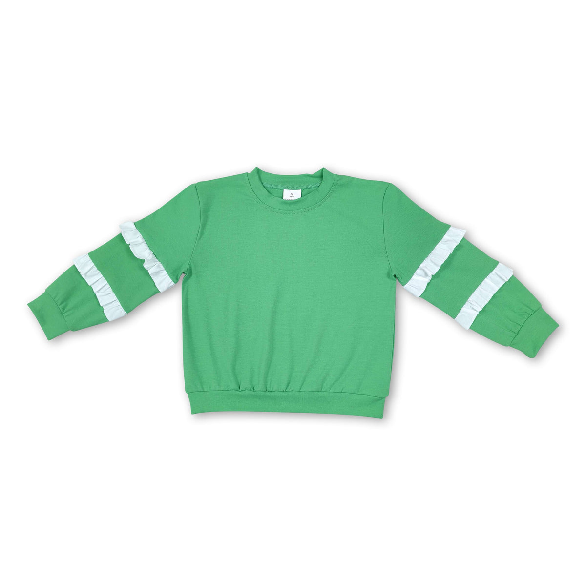 White ruffle long sleeves green cotton girls top
