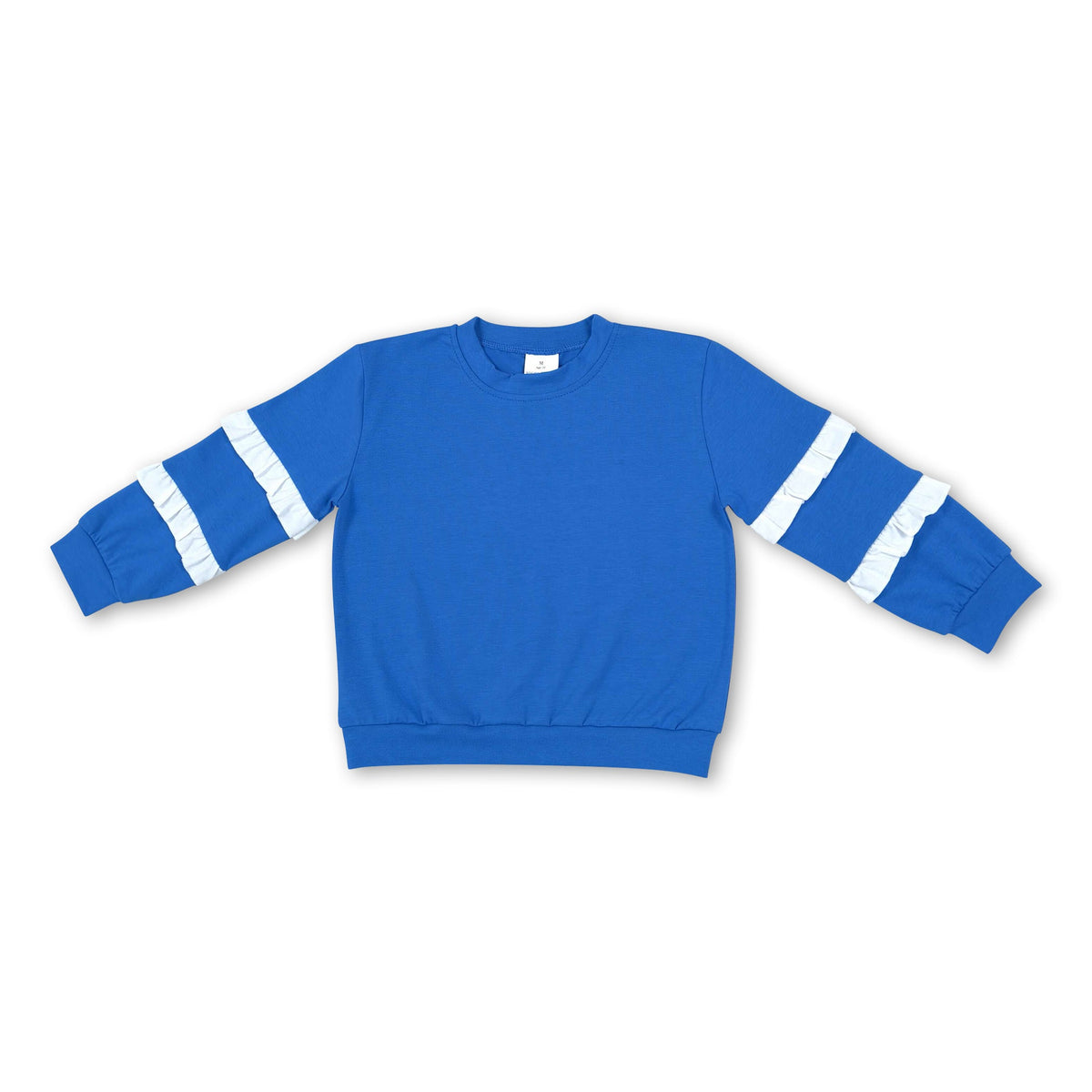 White ruffle long sleeves blue cotton girls team top
