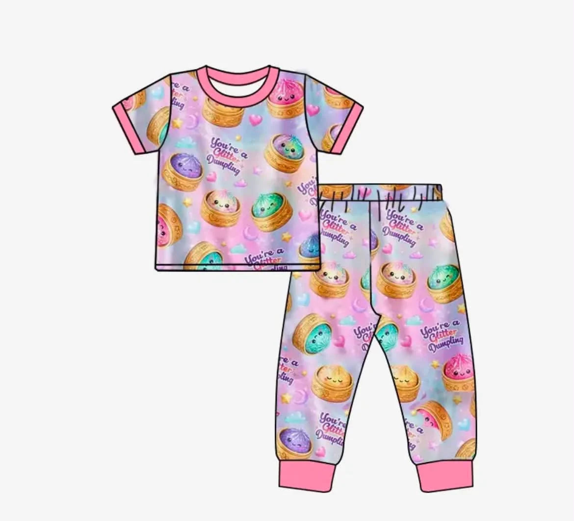 custom MOQ 8 pcs pink  girl colorful dumpling print outfits