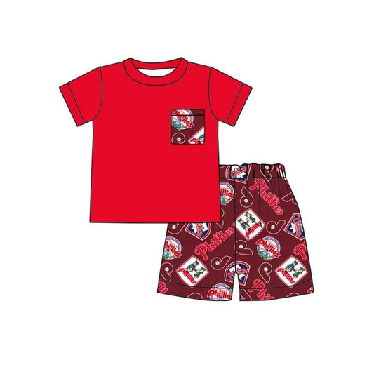 MOQ 3 pcs red pocket top P shorts boys team outfits