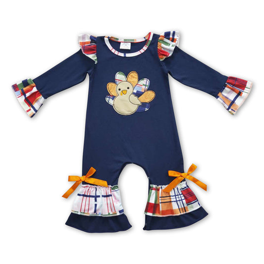 Navy turkey plaid ruffle baby girls Thanksgiving romper