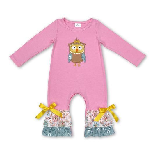 Pink owl ruffle baby girls romper