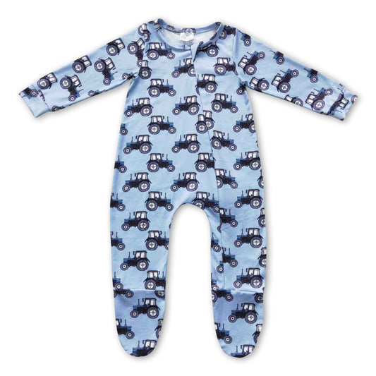 Blue tractor long sleeves baby boy zipper footed coverall
