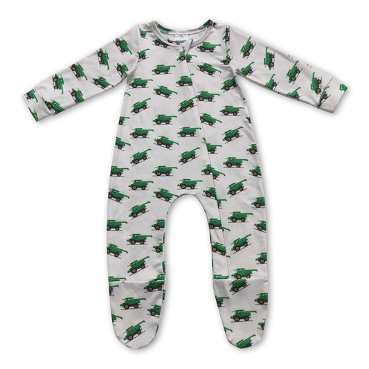 Green tractor long sleeves baby boy zipper footed coverall