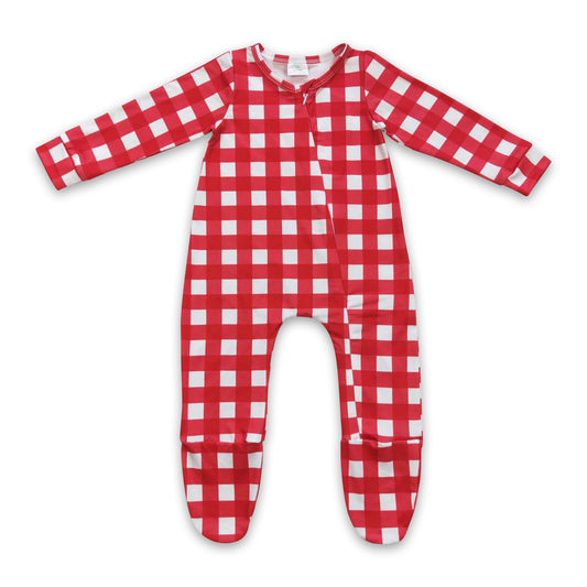 Red plaid baby girls ruffle footed zipper Christmas coveralls