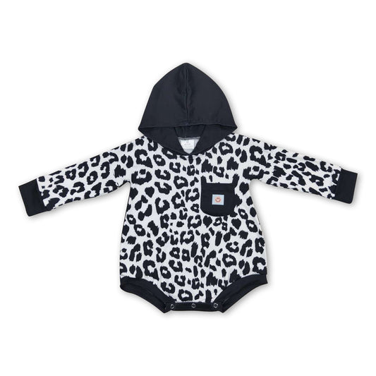 Leopard long sleeves smile pocket baby hooded romper
