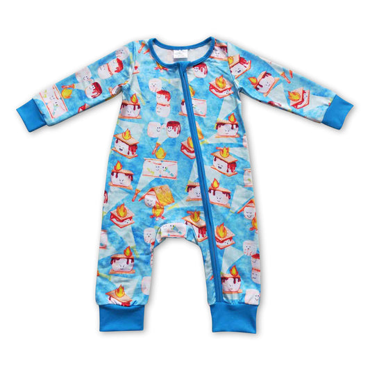 Blue cake heart long sleeves baby boy zipper romper