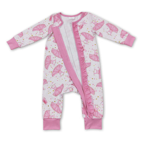 Pink dance ruffle long sleeves baby girls zipper romper