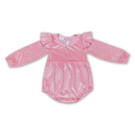 Long sleeves pink velvet ruffle baby girls romper