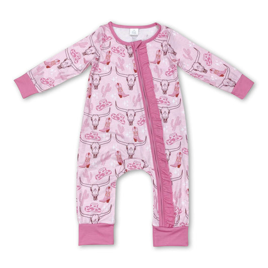 Pink boots cactus bull skull baby girls zipper romper