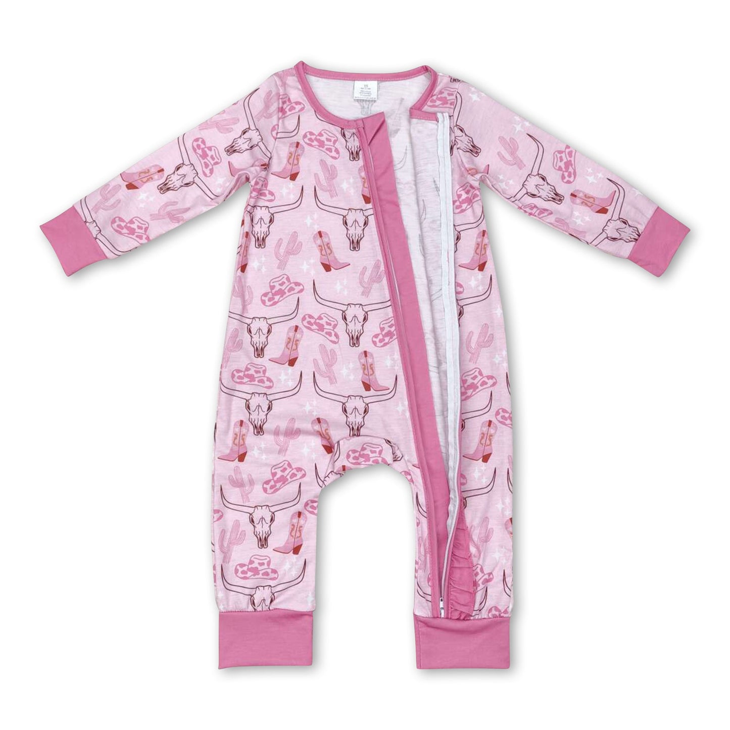 Pink boots cactus bull skull baby girls zipper romper