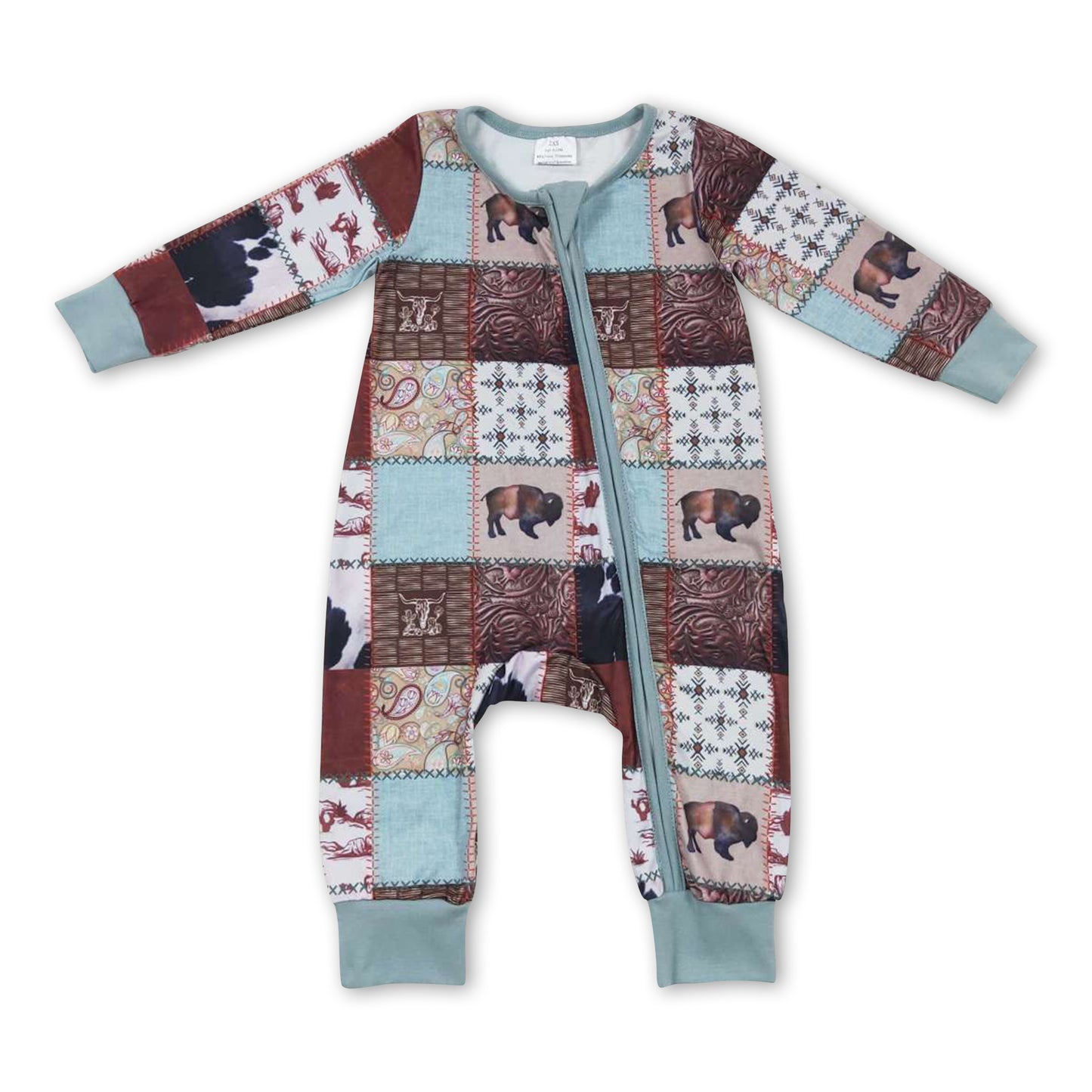 Cow cactus patchwork baby kids zipper romper