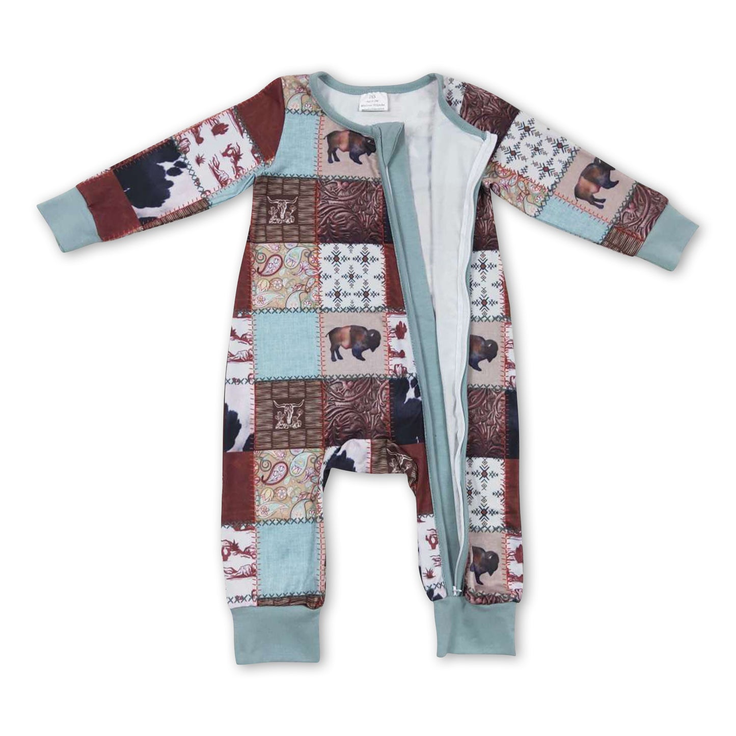 Cow cactus patchwork baby kids zipper romper