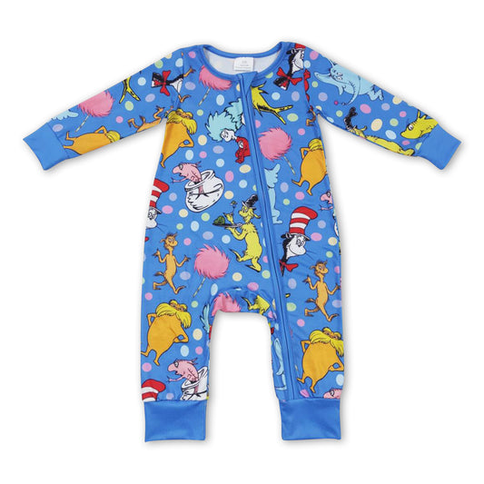 Blue cat elephant long sleeves baby zipper romper