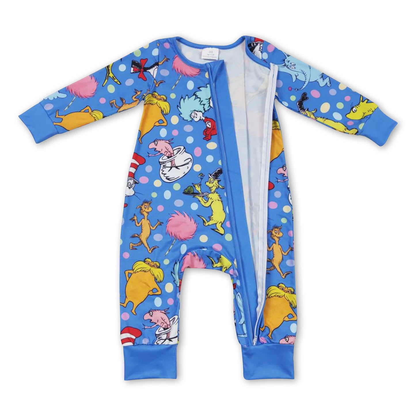 Blue cat elephant long sleeves baby zipper romper