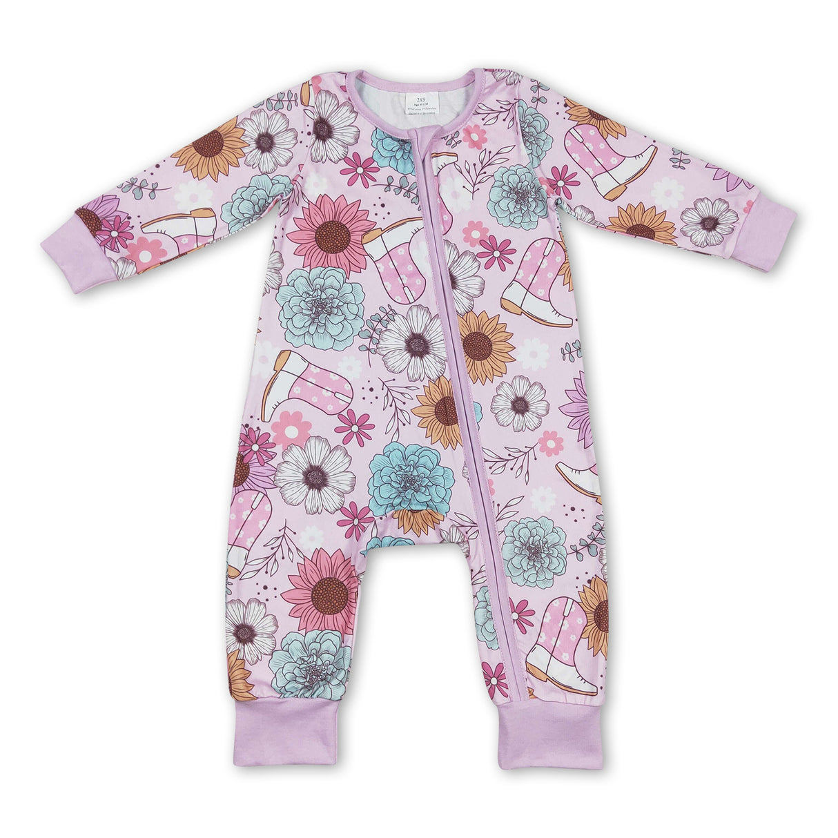 Pink flower boots western baby girls zipper romper