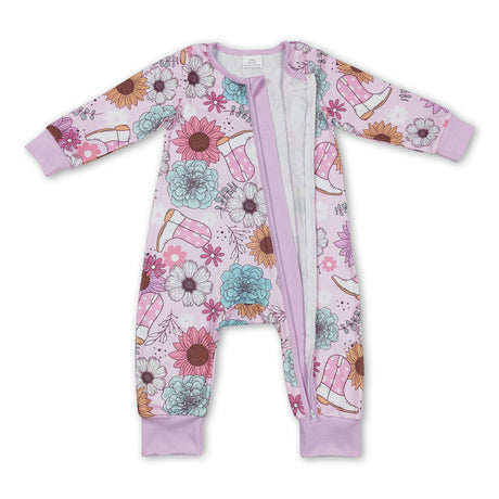 Pink flower boots western baby girls zipper romper