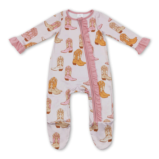 Pink ruffle boots western baby footed zipper coveralls