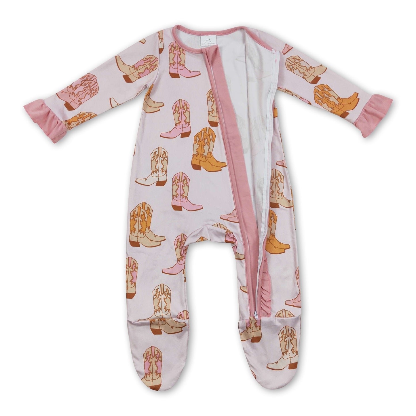 Pink ruffle boots western baby footed zipper coveralls