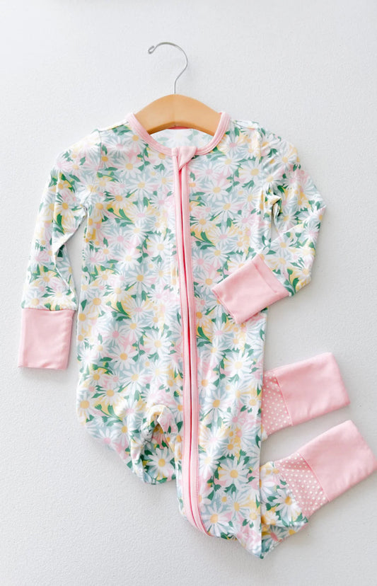 Pink floral long sleeves baby girls zipper romper
