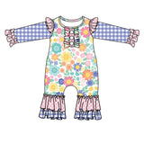 Plaid long sleeves floral baby girls romper