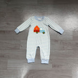 Light blue stripe pumpkin truck embroidery boy fall romper