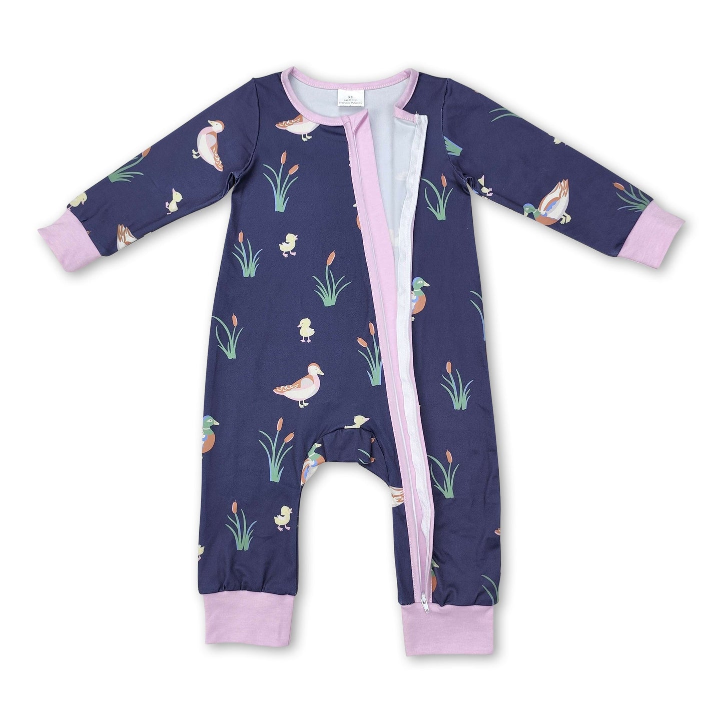 Long sleeves pink duck baby girls zipper romper