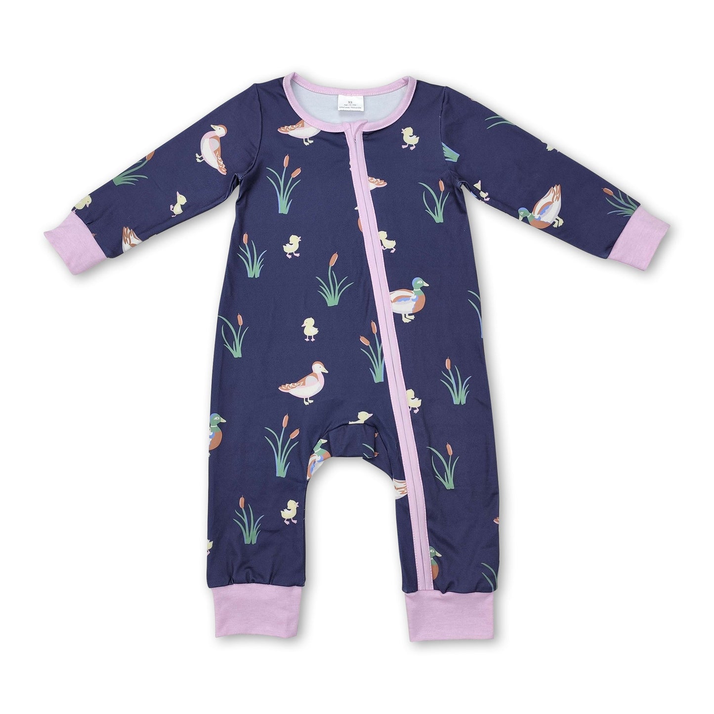 Long sleeves pink duck baby girls zipper romper