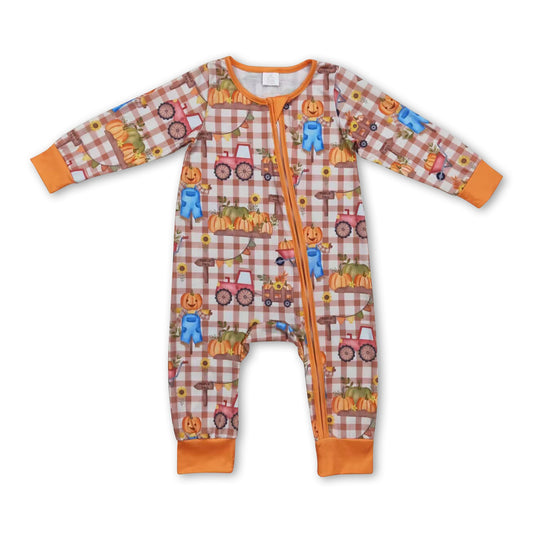 Pumpkin scarecrow baby girls fall bamboo zipper romper