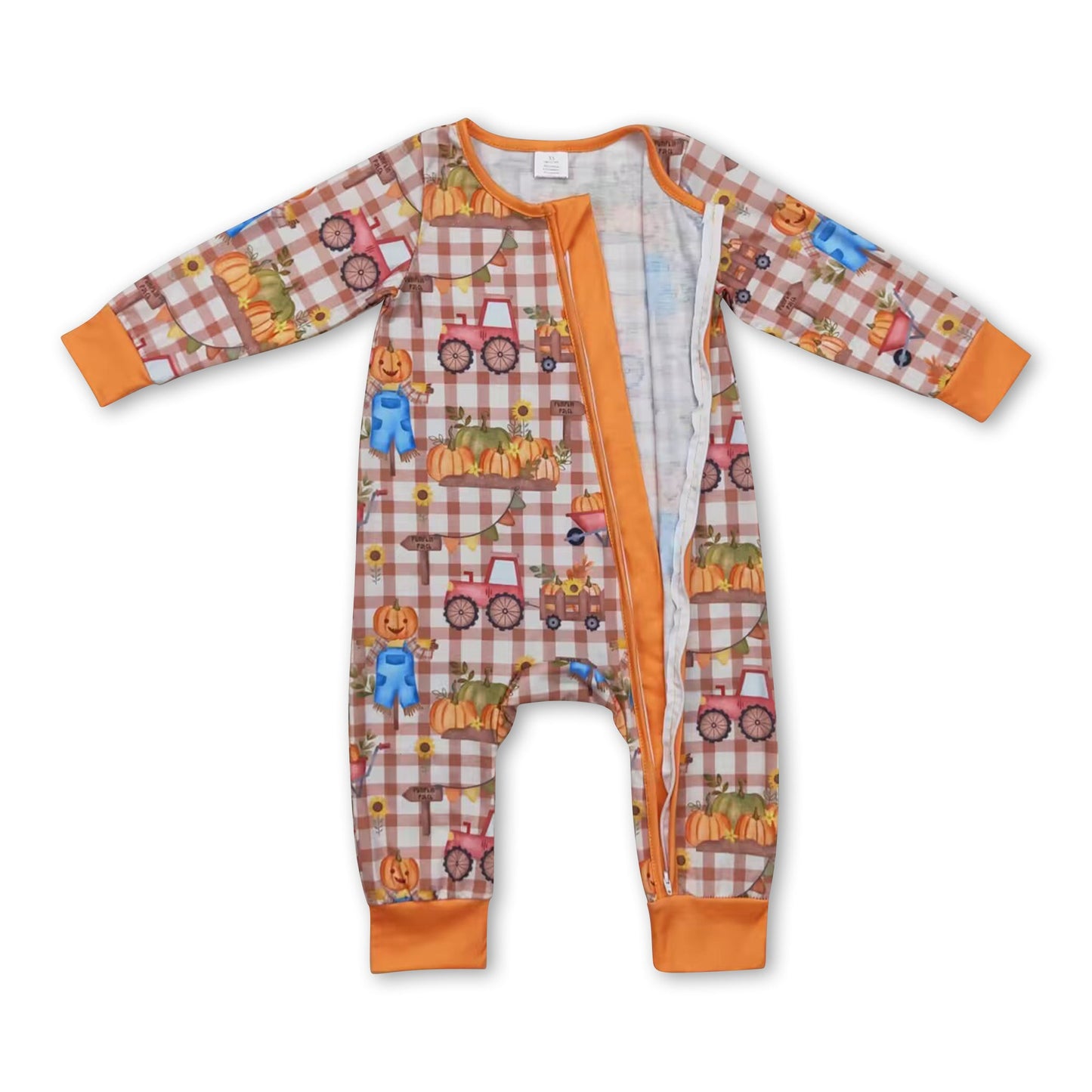 Pumpkin scarecrow baby girls fall bamboo zipper romper