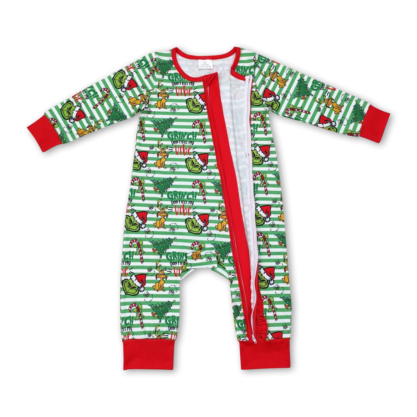 Stripe green face baby girls Christmas zipper romper