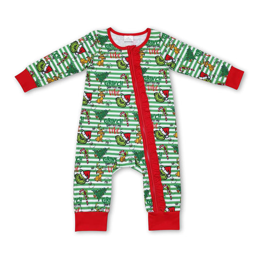 Stripe green face baby girls Christmas zipper romper