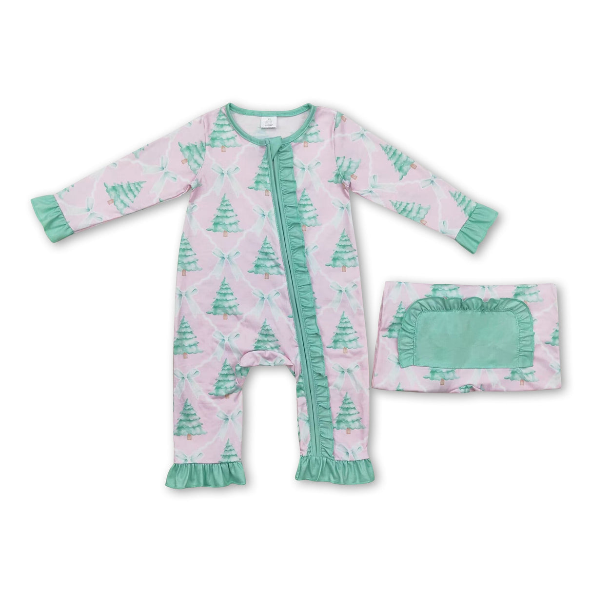 Christmas tree bow baby girls bamboo zipper romper