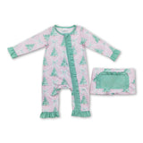Christmas tree bow baby girls bamboo zipper romper