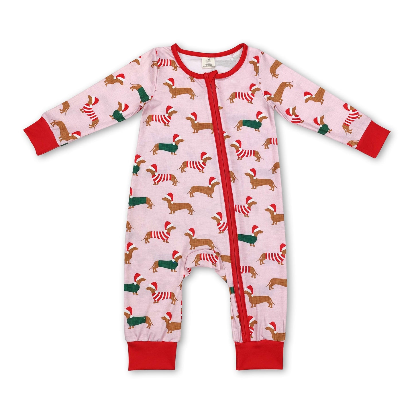 Pink dog baby girls Christmas bamboo zipper romper