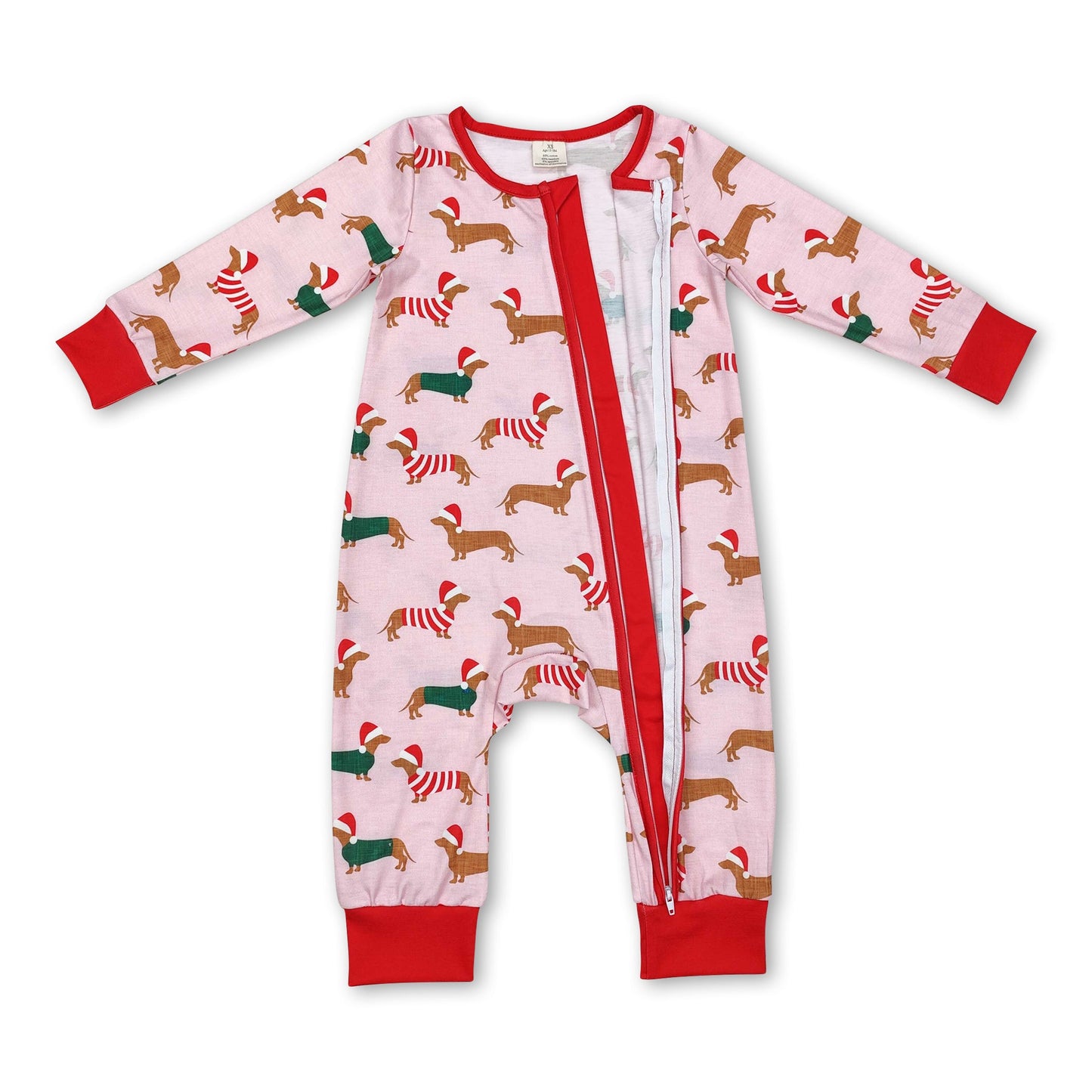 Pink dog baby girls Christmas bamboo zipper romper